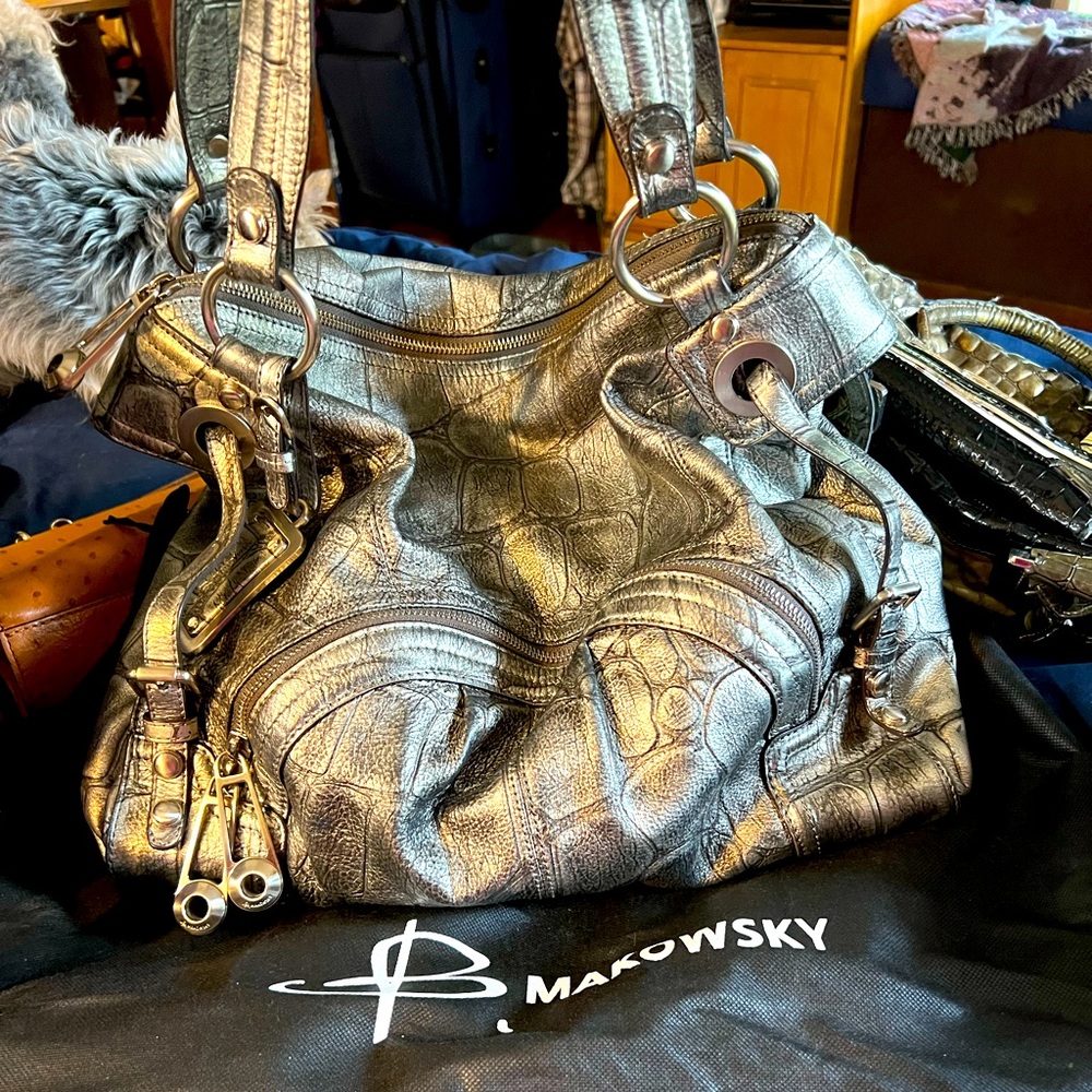BMakowsky pewter leather handbag